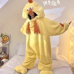 Little Yellow Chicken Coral Velvet Couple Pajamas One-piece Robe Warm Flannel Funny Pajamas Women Winter Home Wear