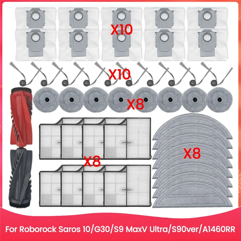 

ABZA-For Roborock Saros 10/G30/S9 Maxv Ultra/S90ver/A1460RR Accessories Kit Brush Hepa Filter Mop Cloth Dust Bag Parts