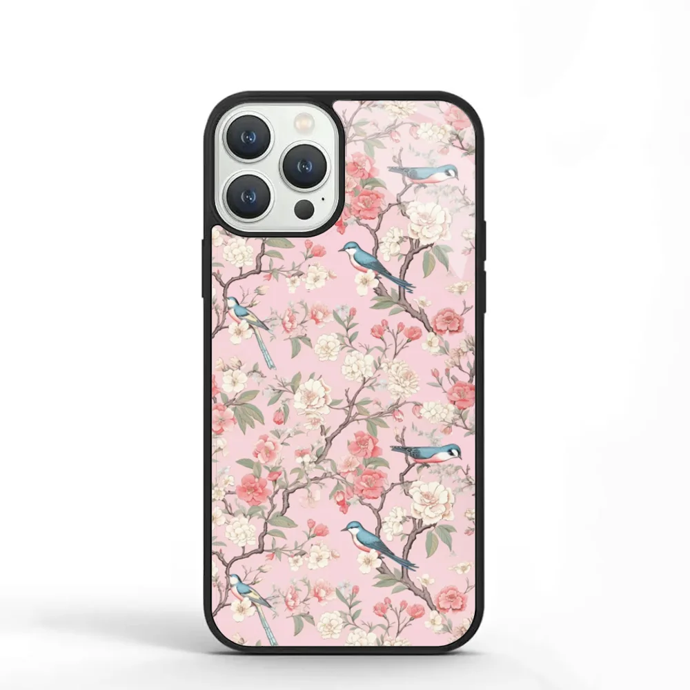 Pink Chinoiserie Birds Phone Case For IPhone 11 12 13 14 15 Plus Pro Max Mirror Acrylic PC TPU Cover