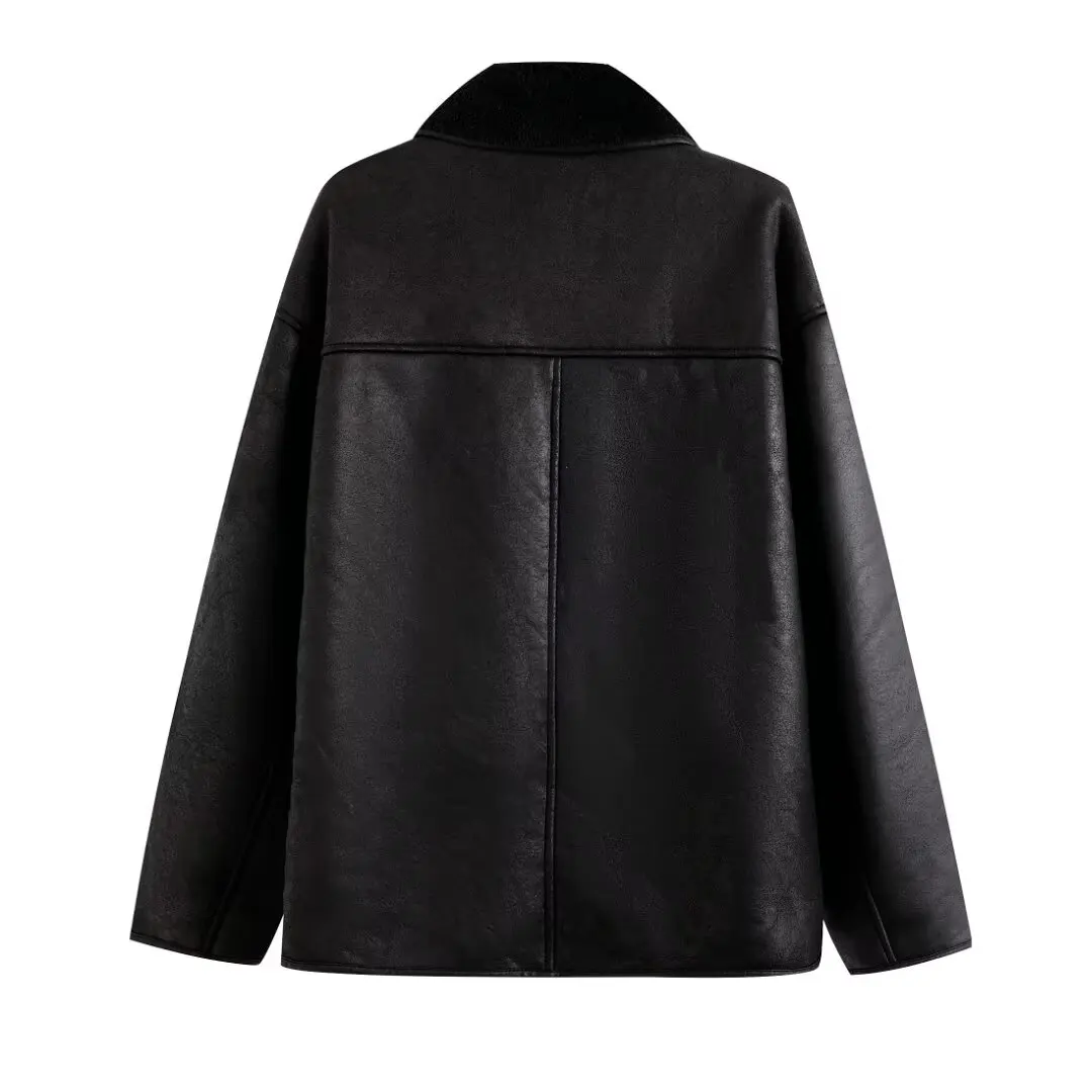 2025年新作 レディース 暖かいレザージャケット ファーライニング シングルブレストデザイン 外側ポケット2つ付き
