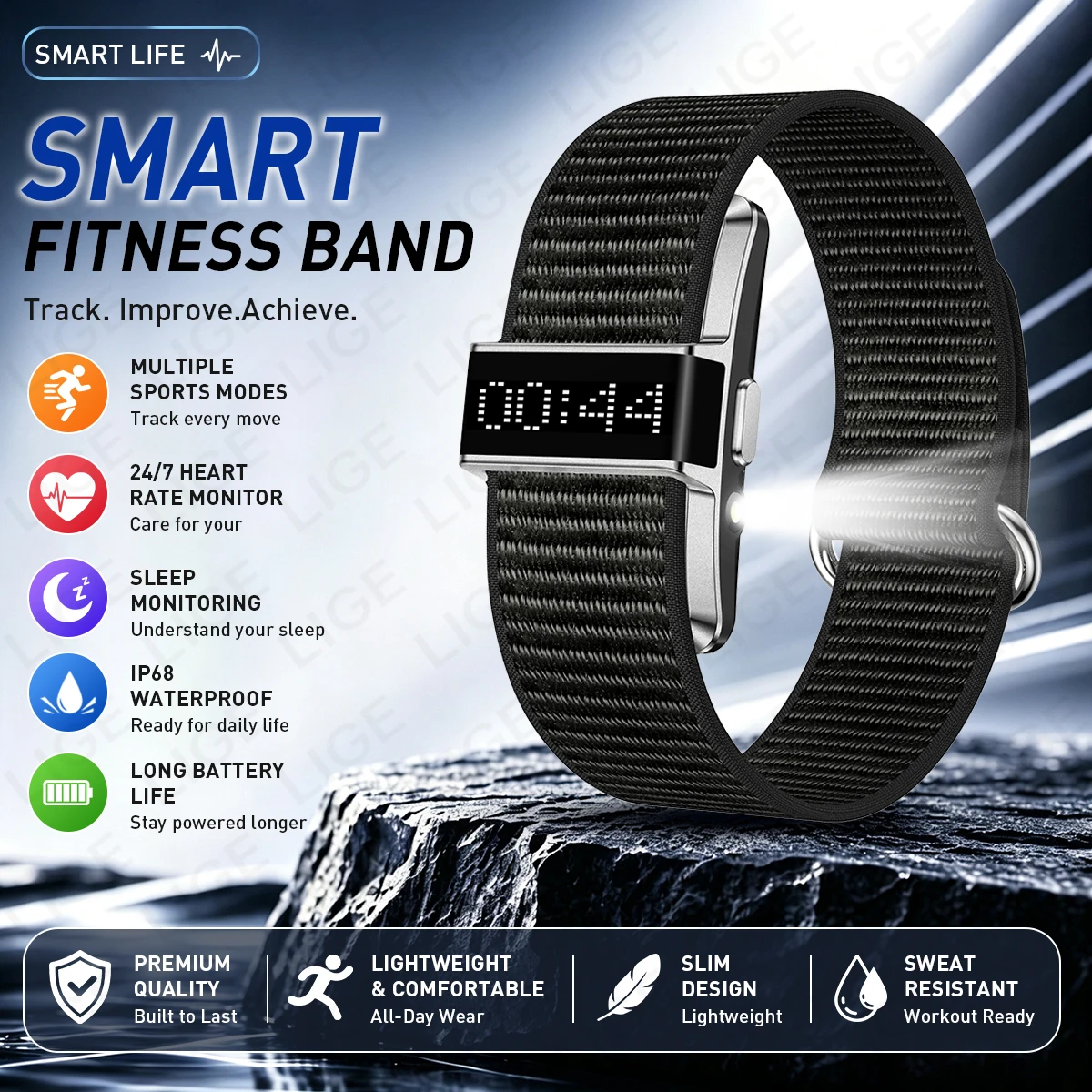LIGE New Women Fitness Tracker SmartBand LED Flash Men Sport Watch Blood Oxygen Stress Waterproof Digital Display Smart Bracelet