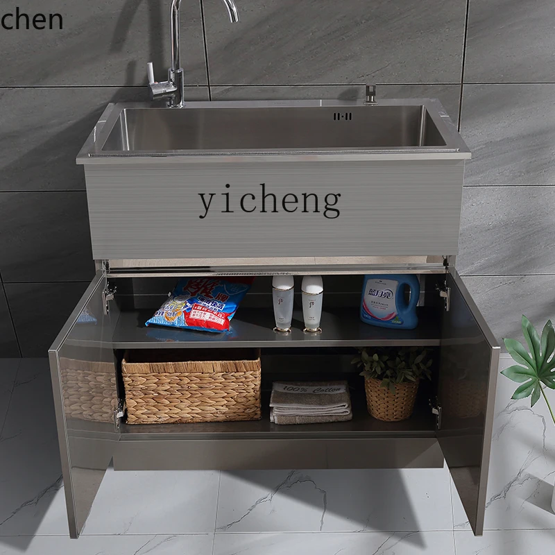 ZMLStainless Steel Sink Cabinet Laundry Cabinet Vegetable Basin Balcony Bathroom Cabinet Double Sink Combination