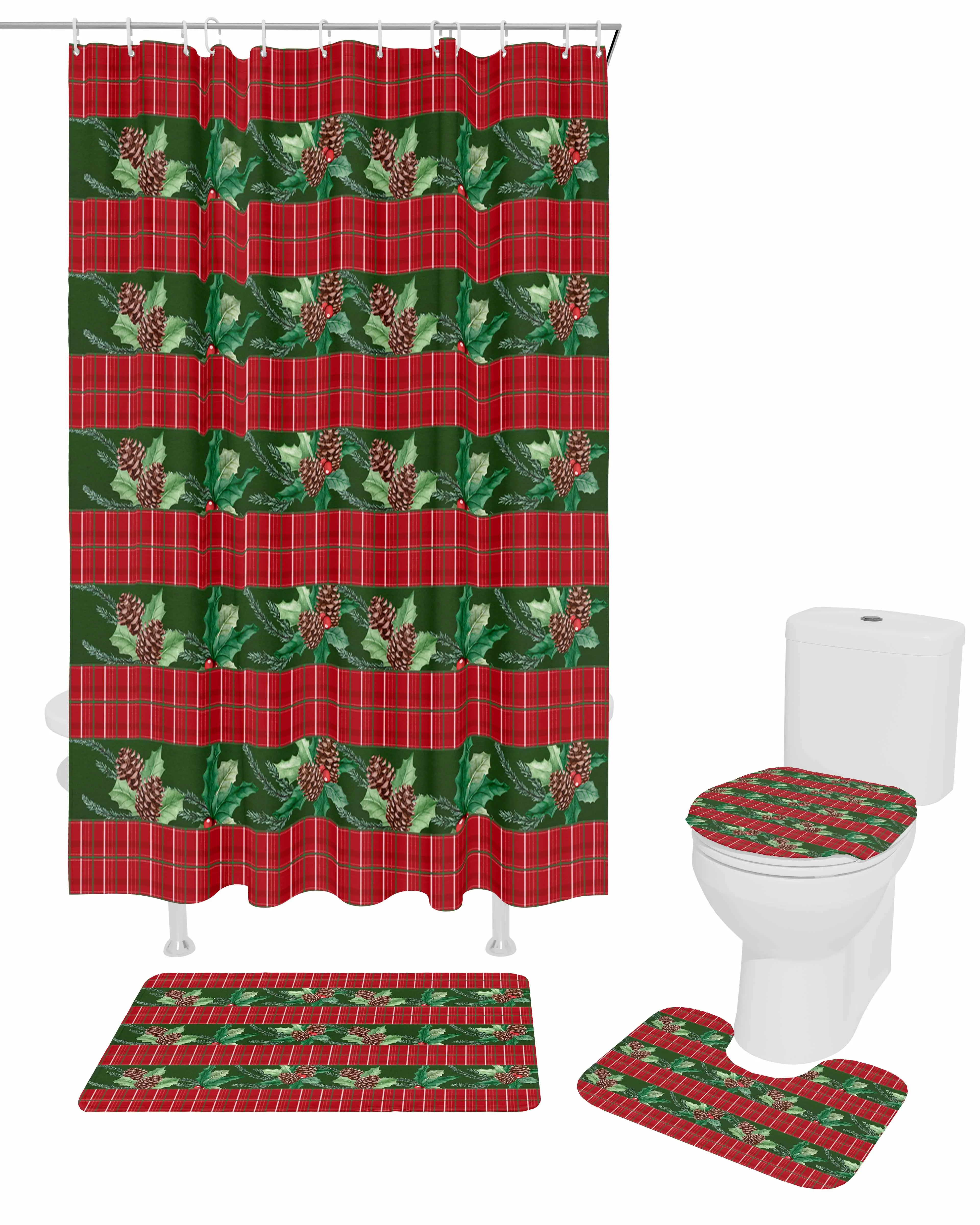 ChristmasPlantsBerriesPolyester printed shower curtain bathroom set,luxurious curtainsabstract 4-piece setcoral fleece floor mat