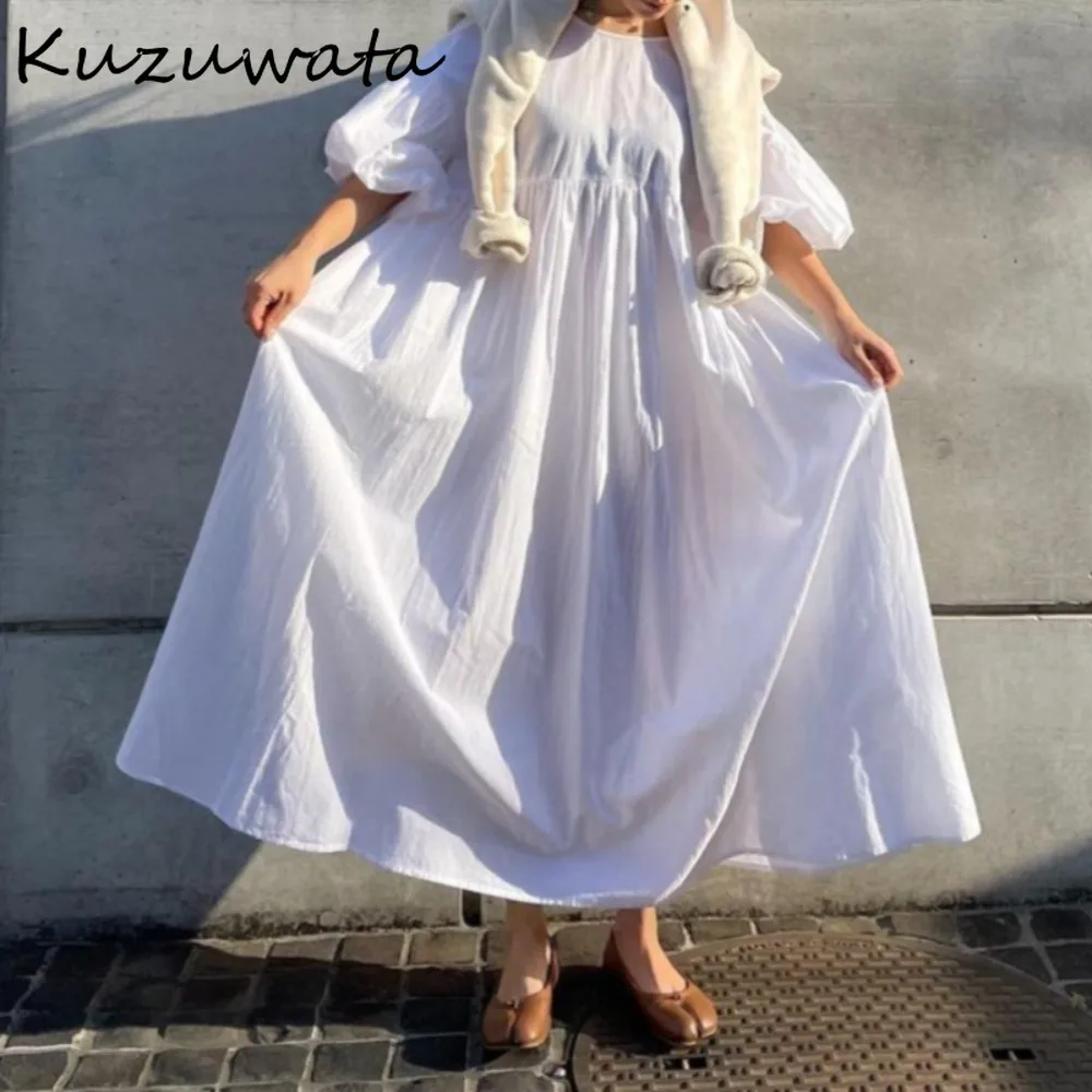 Kuzuwata New V Neck Flare Sleeve Casual Robe Loose Waist Soft Big Swing Ruched Lazy Vestidos Japan Moda Pullover Patchwork Dress