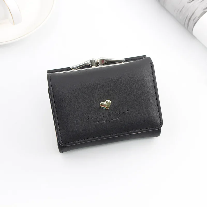 New Candy Color Fashion Women Coin Purse Leather Solid Color Vintage Short Wallet Heart Hasp Ladies Girls Card Holder Clutch Bag