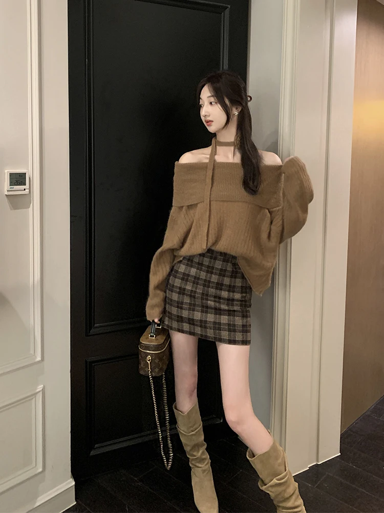 

Карамельная клетчатая юбка с высокой талией, скрывающая бедра, стройнящая, шерстяная, с запахом, А-силуэт, универсальная, короткая.