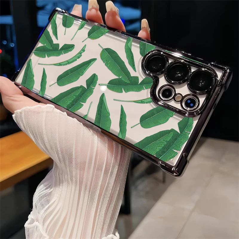 Leaves Pattern Phone Case For Samsung Galaxy A57 A37 A16 A55 A35 A25 A15 4G 5G A17 A36 A56 A26 Silicone Clear Plating Cover