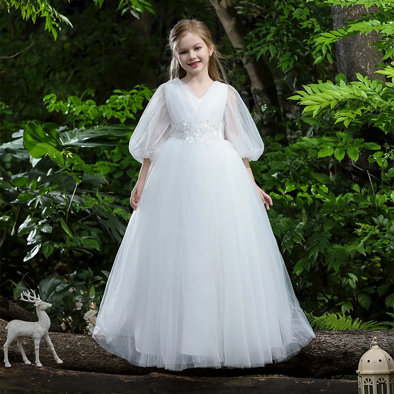 Vestido cerimonial da menina branco tule vestido de princesa baile de formatura festa de aniversário roupas de bebê casamento piano executar vestido