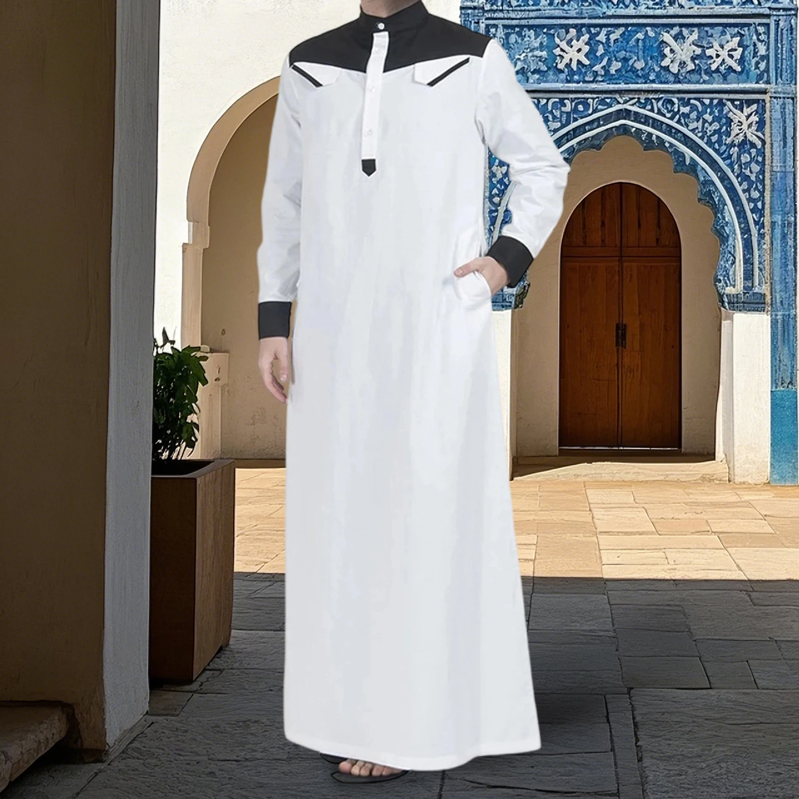 Arabic Robe for Men Fashionable Loose Long Sleeve Kaftan Casual Contrast Color Robe