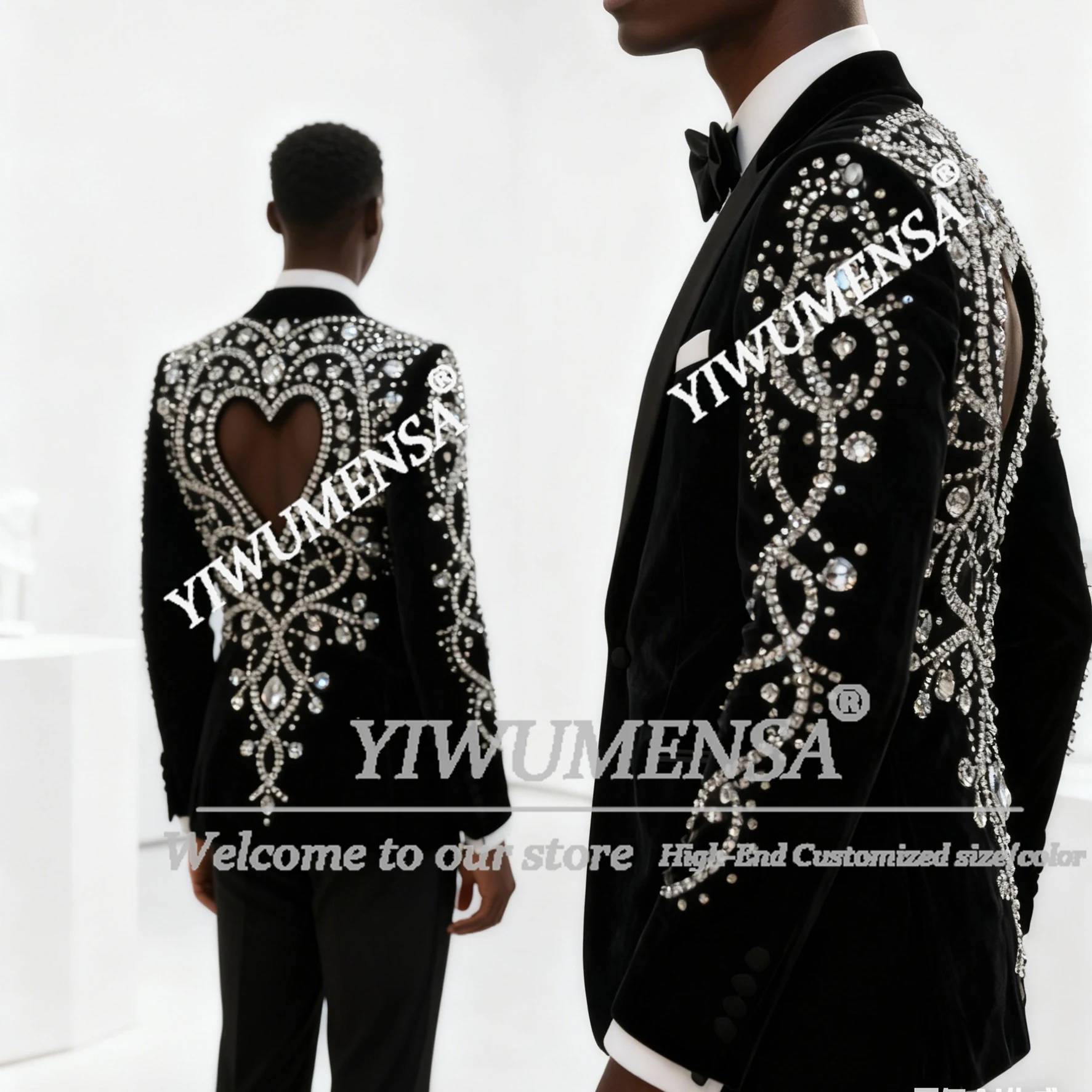 

Brilliant Diamond Beads Sutis Men For Wedding Outfit Peaked Label Velvet Prom Blazers Cut-Out Customized 2 Pieces Groom Tuxedos