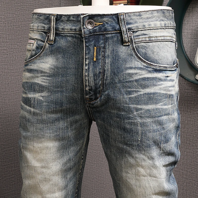 Newly Designer Fashion Men Jeans High Quality Retro Blue Elastic Slim Fit Ripped Jeans Men Trousers Vintage Denim Pants Hombre