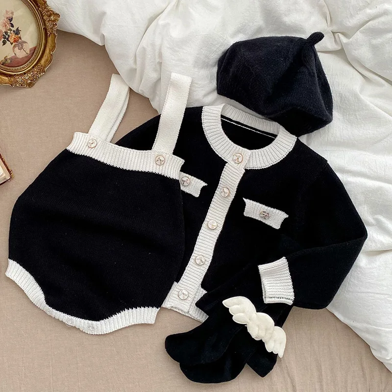 Winter Spring Newborn Baby Girls Clothing Set Long Sleeved Knitted Cardigan+Jumpsuit Toddler Baby Girl Knitting Clothes Suit