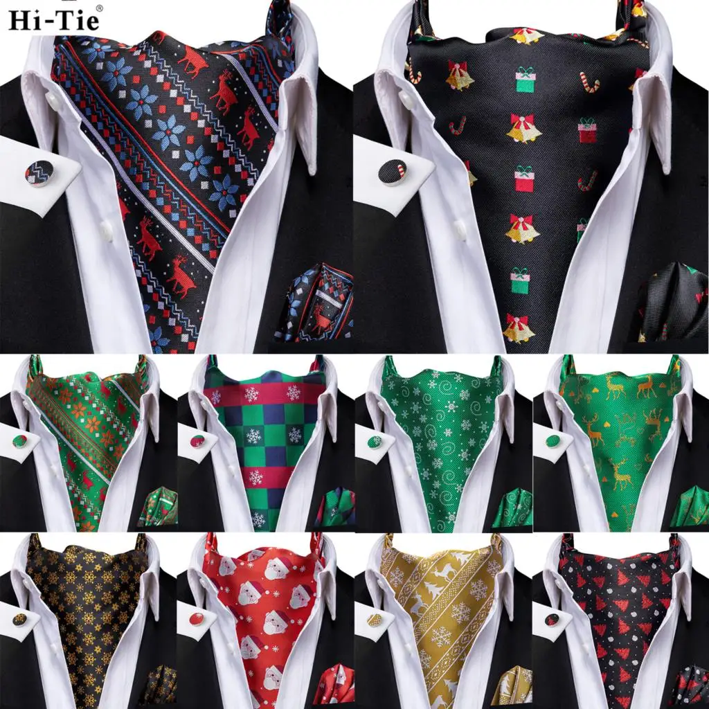 Hi-Tie Silk Brand Christmas Mens Elegant Ascots Jacquard Hankerchief Cufflinks Vintage Cravat Scarf Xmas Gift For Male Party