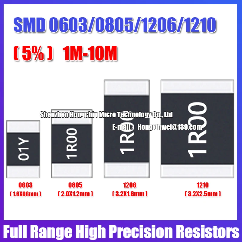 100 SZT. Rezystory SMD 0603 0805 1206 1210 5% Popularne wartości rezystancji 1M-10M 2M 3M3 4M7 5M1 6M8 8M2 Rezystory o wysokiej precyzji