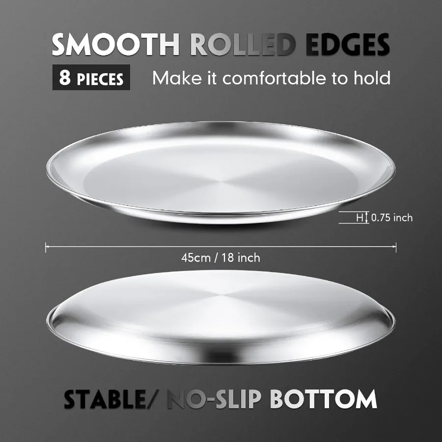 8 Pieces 18 Inch Pizza Pans Bulk Stainless Steel Sets Round Bakeware Pizza Trays for Oven Kitchen Baking Home Restaurant Safe S