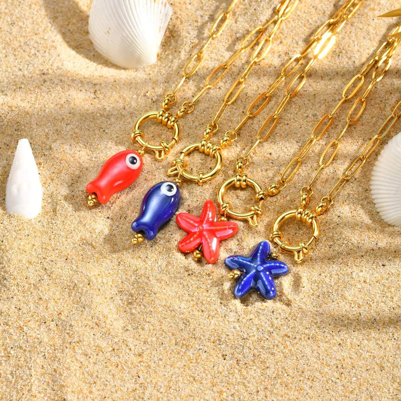 

Ceramic Ocean Fish Starfish Pendant Necklace for Women, Stainless Steel Paperclip Chain, Personality Creative DIY Jewelry Gift