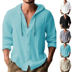 Summer Men's Linen Shirt Solid Streetwear Long Sleeve Hoodie Cardigan Clothing For Men Button Tops Casual Loose Men Hooded Shirt