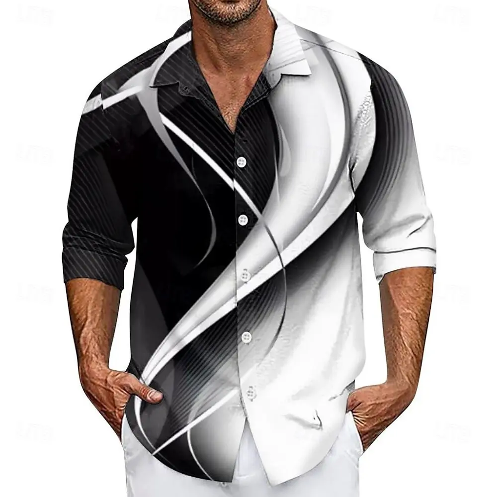 

Мужская рубашка с градиентными волнами, рубашка на пуговицах, повседневная классическая рубашка с длинным рукавом, модная уличная одежда, отложной воротник с 3D принтом