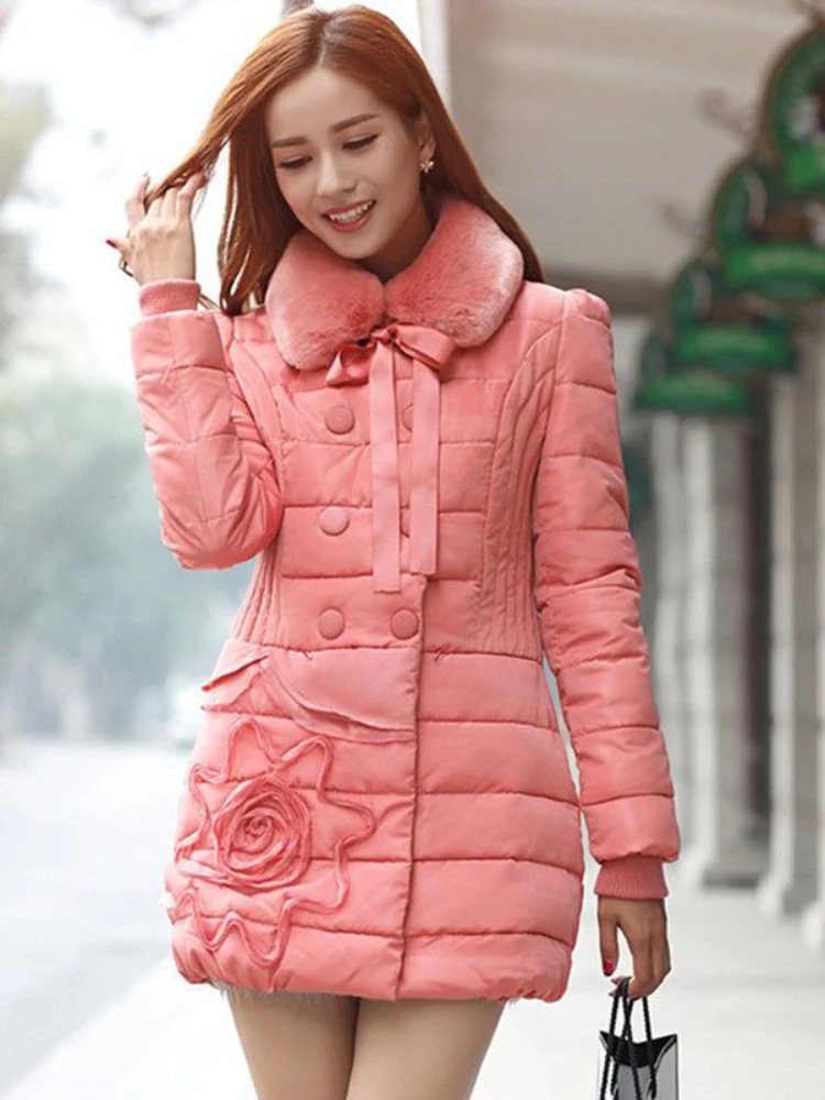 2025 Winter Women Jacket New Slim-Fit Thick Warm Belt Fur Collar Mid-Length Cotton-Padded Coat