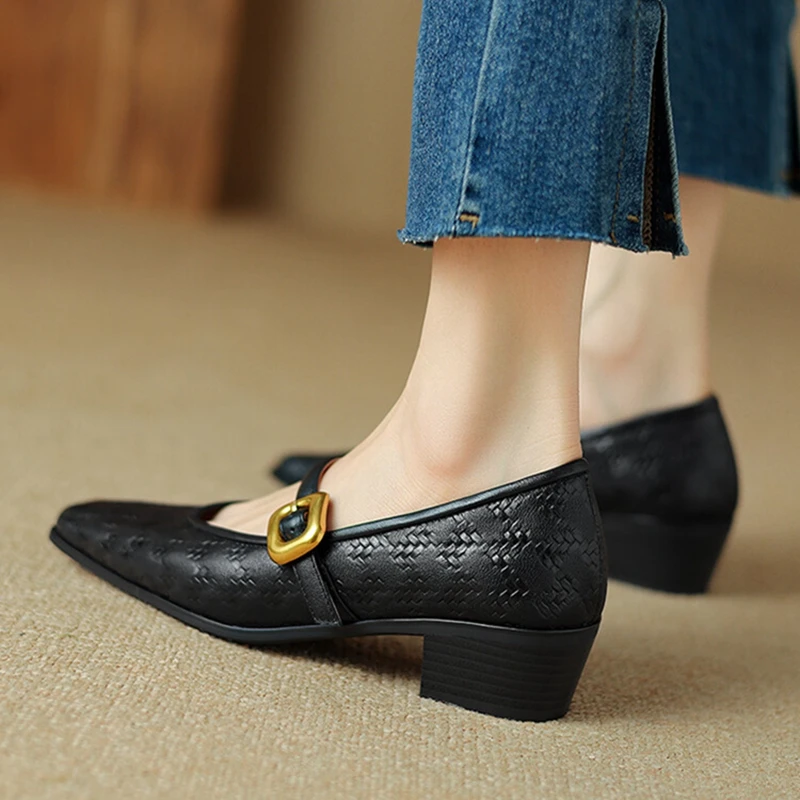 NEW Spring/Autumn Women Pumps Square Toe Chunky Heel Shoes Genuine Leather Shoes for Women Elegant High Heels Buckle Mary Janes