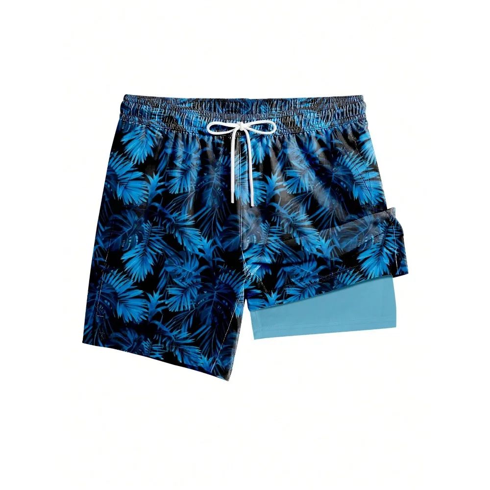 

Men's Quick-Dry Double-Layer Beach Shorts, Men's Breathable Swim Trunks, Summer Surfing Casual Shorts With Drawstring And Pockets, Men's Hawaiian Swim Trunks