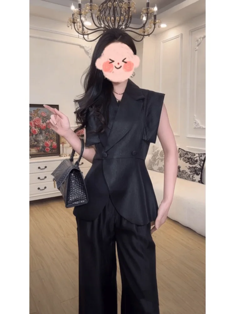 Elegant Black Belted Professional Suit Set Commute Important Occasions Slimming Fashionable Two-Piece Set for plus Size Women