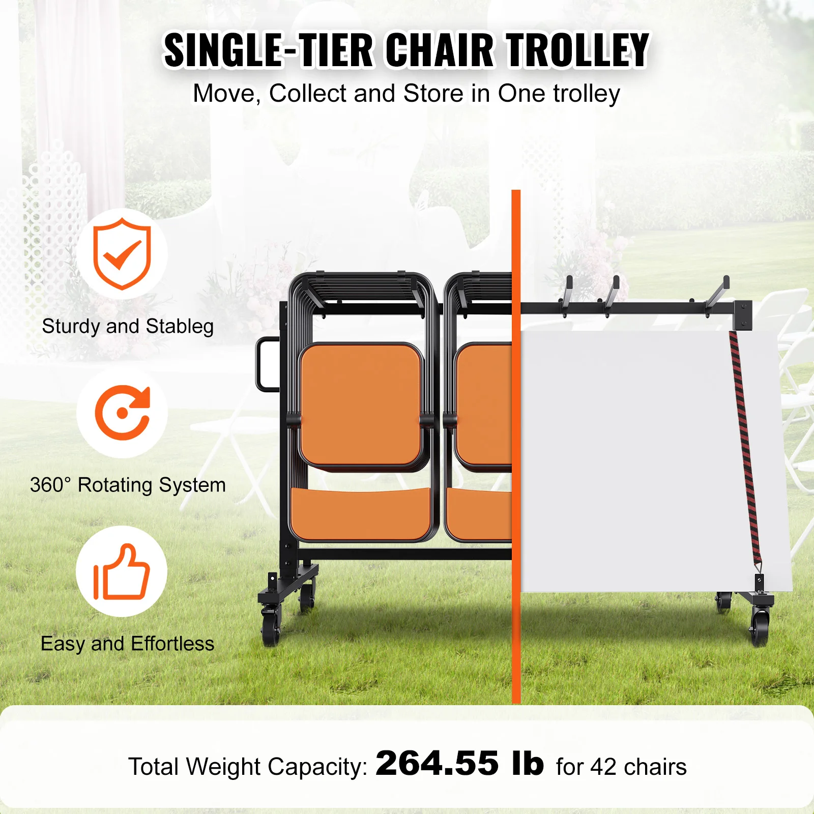 VEVOR Folding Chair Cart Mobile Stackable Chair Holder Dolly Storage Rack Trolley with 4 Casters for Conference Rooms Schools