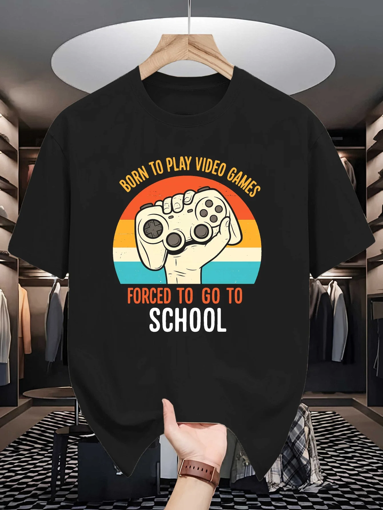 Born To Play Video Games Forced To Go To School Mens T Shirt Retro Game Controller Print Short Sleeve  Funny Gamer Summer Outfit