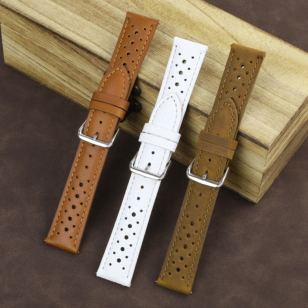 Vintage Breathable Porous Strap 18mm 19mm 20mm 21mm Genuine Leather Watchband Quick Release Replacement Belt Wrist Band for Men