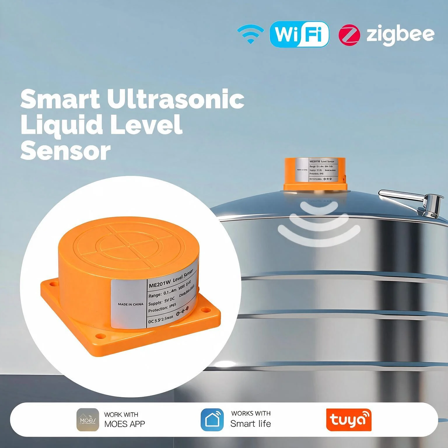 WiFi/Zigbee Smart Ultrasonic Liquid Level Sensor Water Tank Monitor With RealTime Alarm Notification APP RemoteControl