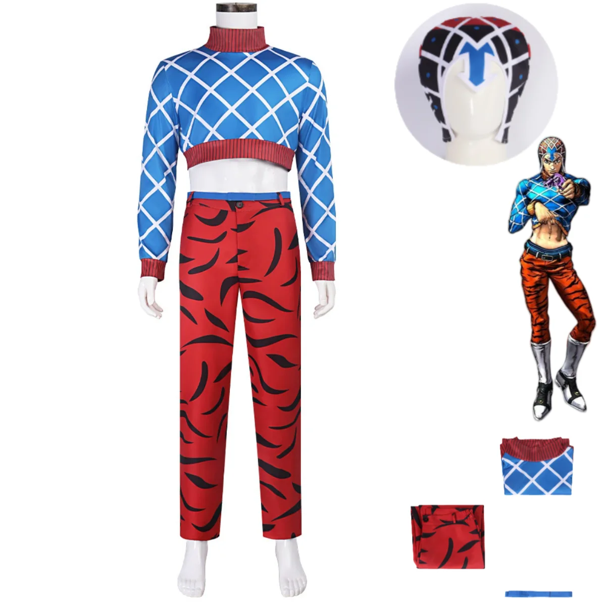 

Halloween Carnival Suit Anime JOJO's Bizarre Adventure Golden Wind Guido Mista Cosplay Costume Blue Long Sleeves Tops Hat Man
