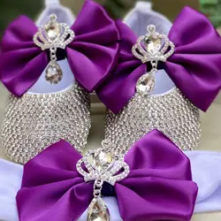 Dollbling Baby Girl Bling Custom Baptism Purple Bow Shoes with Crown Rhinestone Crystal Stone and Headband Set Christenings Gift