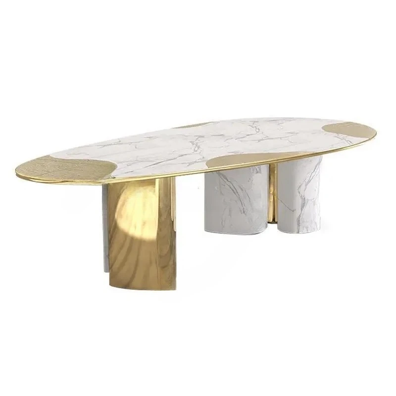 Light luxury marble dining table high-end villa stainless steel household oval dining table