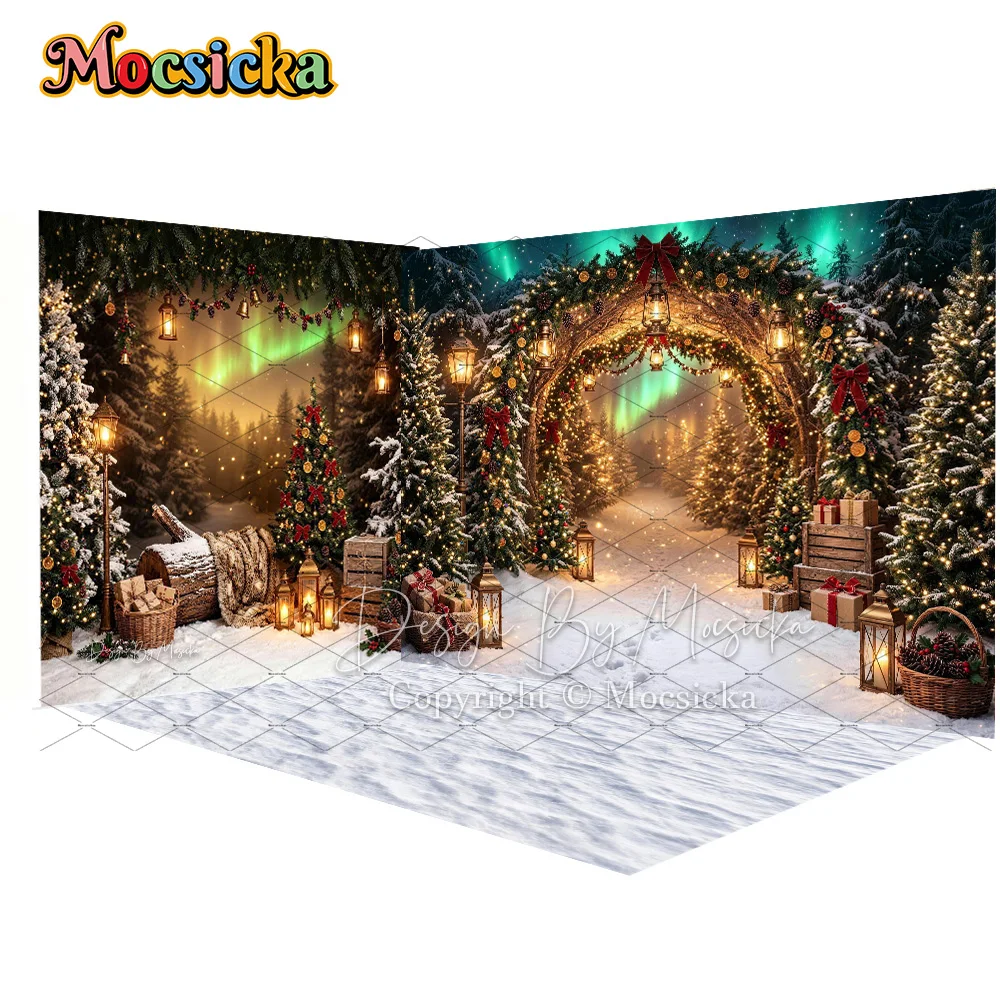 Mocsicka Snowy Christmas Archway Backdrop Photography Northern Lights Pine Forest Garland Lamp Background Newborn Photo Studio