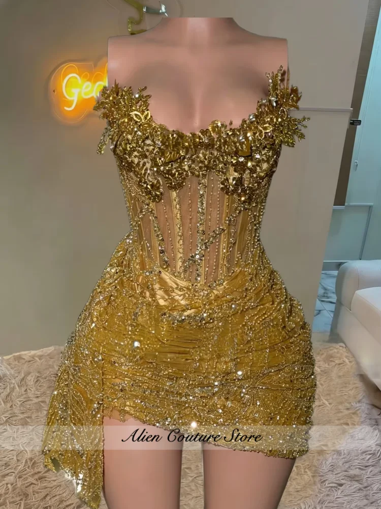 Gold Beaded Homecoming Dress For Black Girl Gems Diamonds Mini Cocktail Party Gown For Prom Party Gowns 2026 Customized