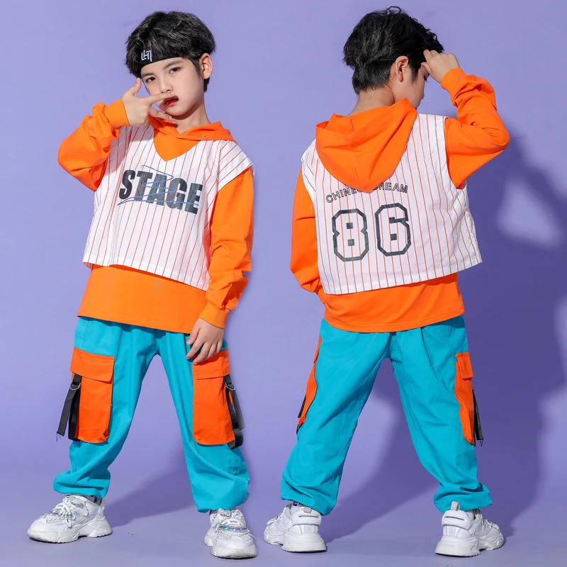 

New Kids Jazz Dance Clothes Orange Tops Blue Pants Modern Street Dance Practice Clothing Girls Jazz Dance Stage Outfits DQL7472