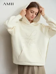 Amii 2024 Winter Clothes Women Long-sleeved Color Matching Embroidery Pocket Fleece Hooded Sweater Loose Casual Tops 12444202