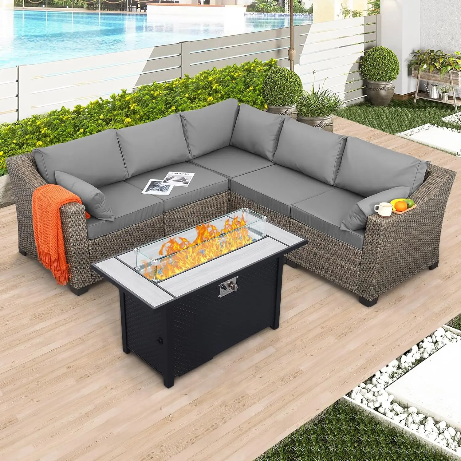 

Outdoor Sectional Large-Size Patio Furniture Set 6 Pieces Outdoor Patio Furniture Outdoor Propane Fire Pit