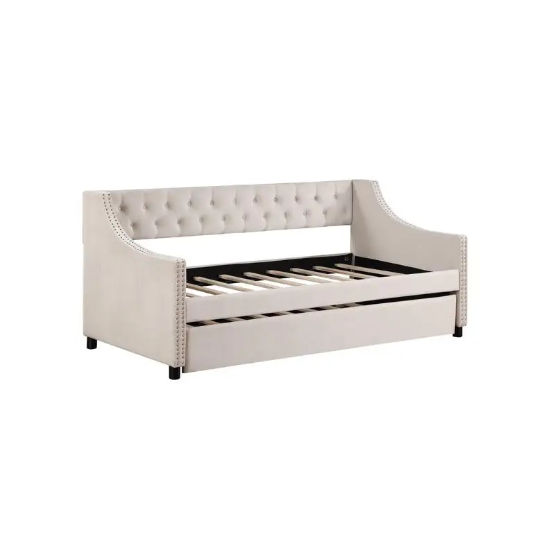 Twin Size Upholstered Daybed with Trundle in Beige Velvet Frame, Space-Saving Design for Guest Room or Living Area