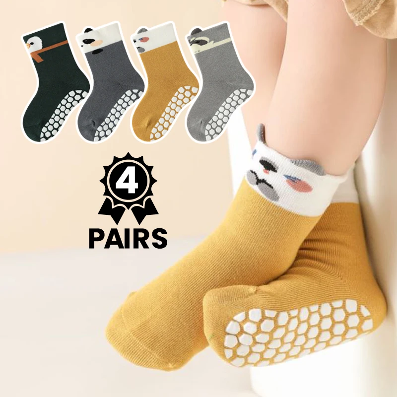 4 Paar rutschfeste Baby-Bodensocken mit Panda-Muster, Baumwollsocken für Kleinkinder, Jungen und Mädchen, rutschfeste Socken für Neugeborene, erste Laufschuhe