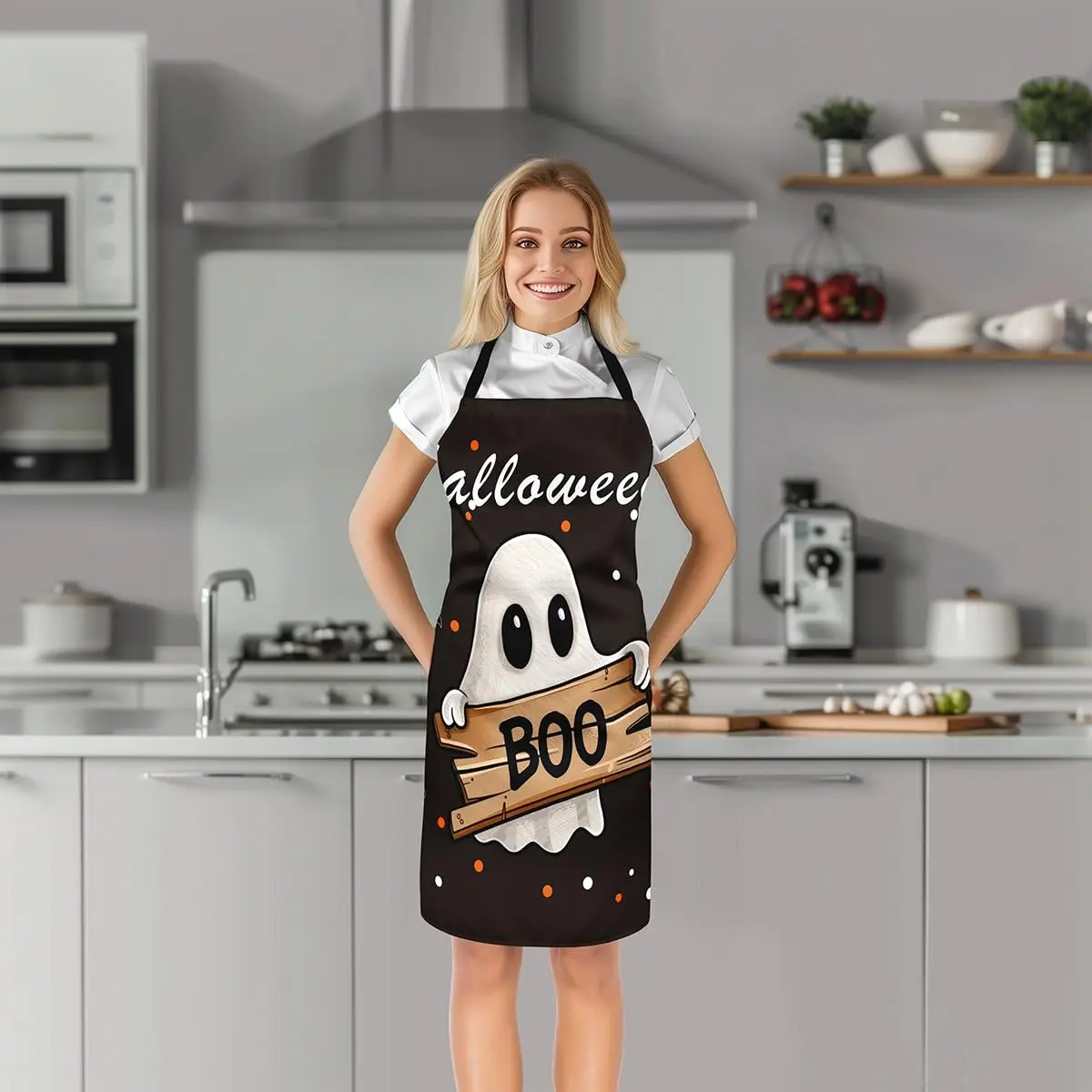 Happy Halloween Kitchen Apron Cute Cartoon Ghost Plaid Apron for Adults White Orange Black Bat Waterproof Apron
