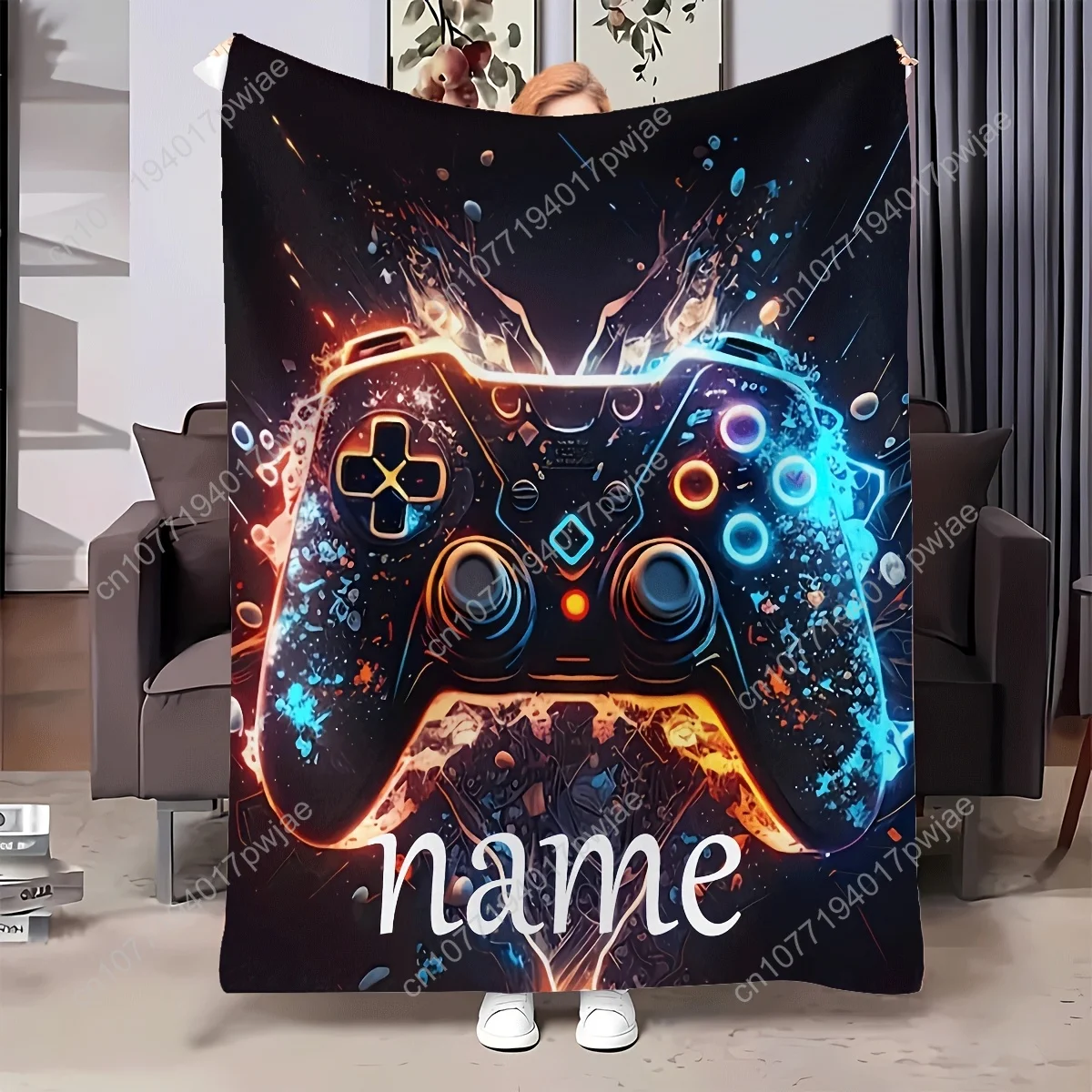 1pc Customizable Game Controller Design Flannel Blanket - Vibrant Blue & Orange Gaming Theme, Soft Light Beige-Friendly, Perfect