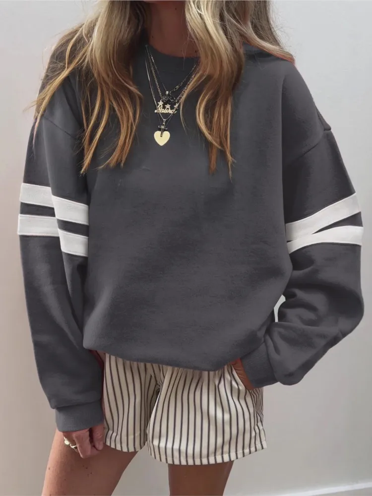 New Women Striped Color Block Pullover Drop Shoulder Hoodie Autumn Casual Loose O Neck Sweatshirt Comfortable Long Sleeve Top