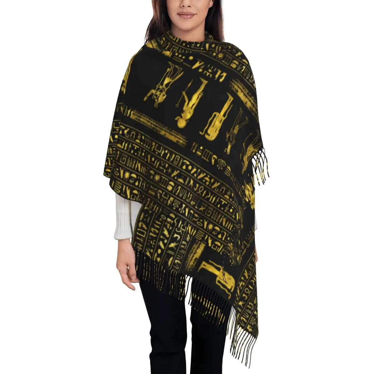 Golden Egyptian God Scarf for Womens Winter Fall Shawl Wrap Ancient Egypt Hieroglyphs Long Scarves with Tassel for Evening Dress