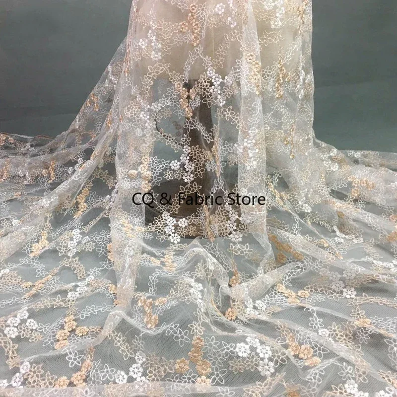 

1yard Small Flowers Gold Silk Thread Embroidery Lace Trimming African Lace Fabric For Wedding Nigerian Party Dress Fashion DIY