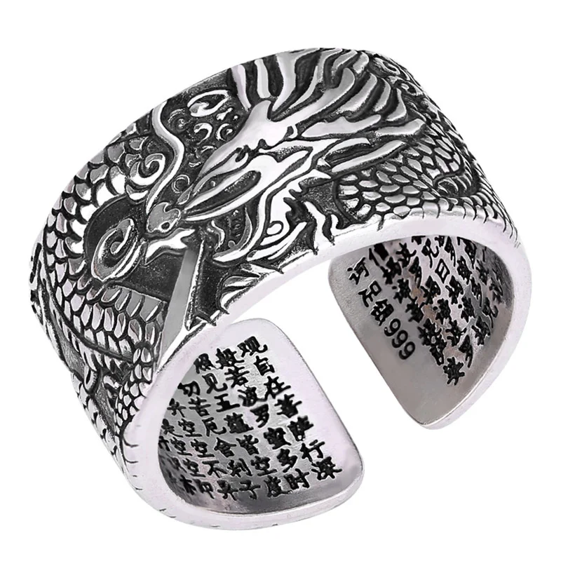 Anillo con patrón de dragón Sutra de corazón budista Retro, joyería para hombres, personalidad de moda, accesorios para dedos masculinos, anillo de tamaño abierto