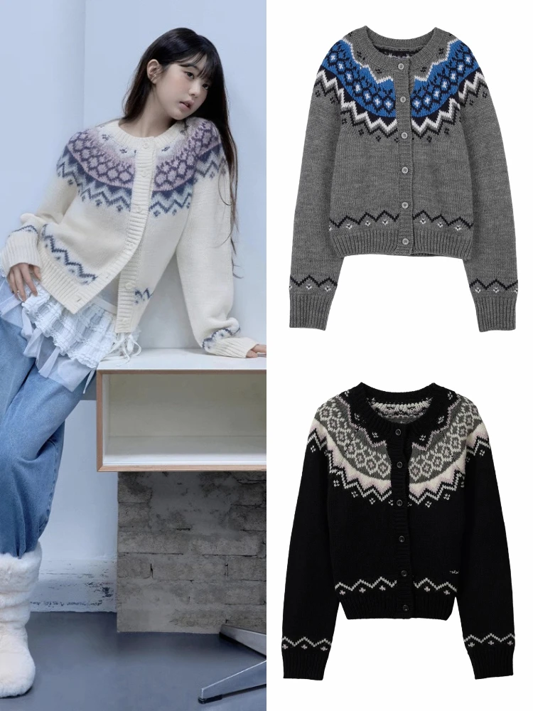 レディースニット花柄オープンカーディガン エスニックスタイル デイリーウェア 中程度の柔らかさ 長袖 丸首 暖かさを提供