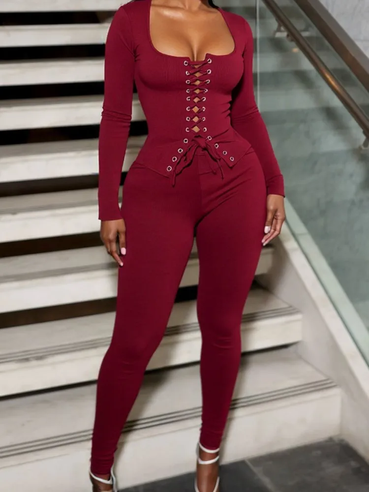 

Sexy V Neck Slim Set For Women Fashion Solid Long Sleeve Lace-up Tops+High Waist Pencil Pants 2 Piece Sets Lady Streetwear New