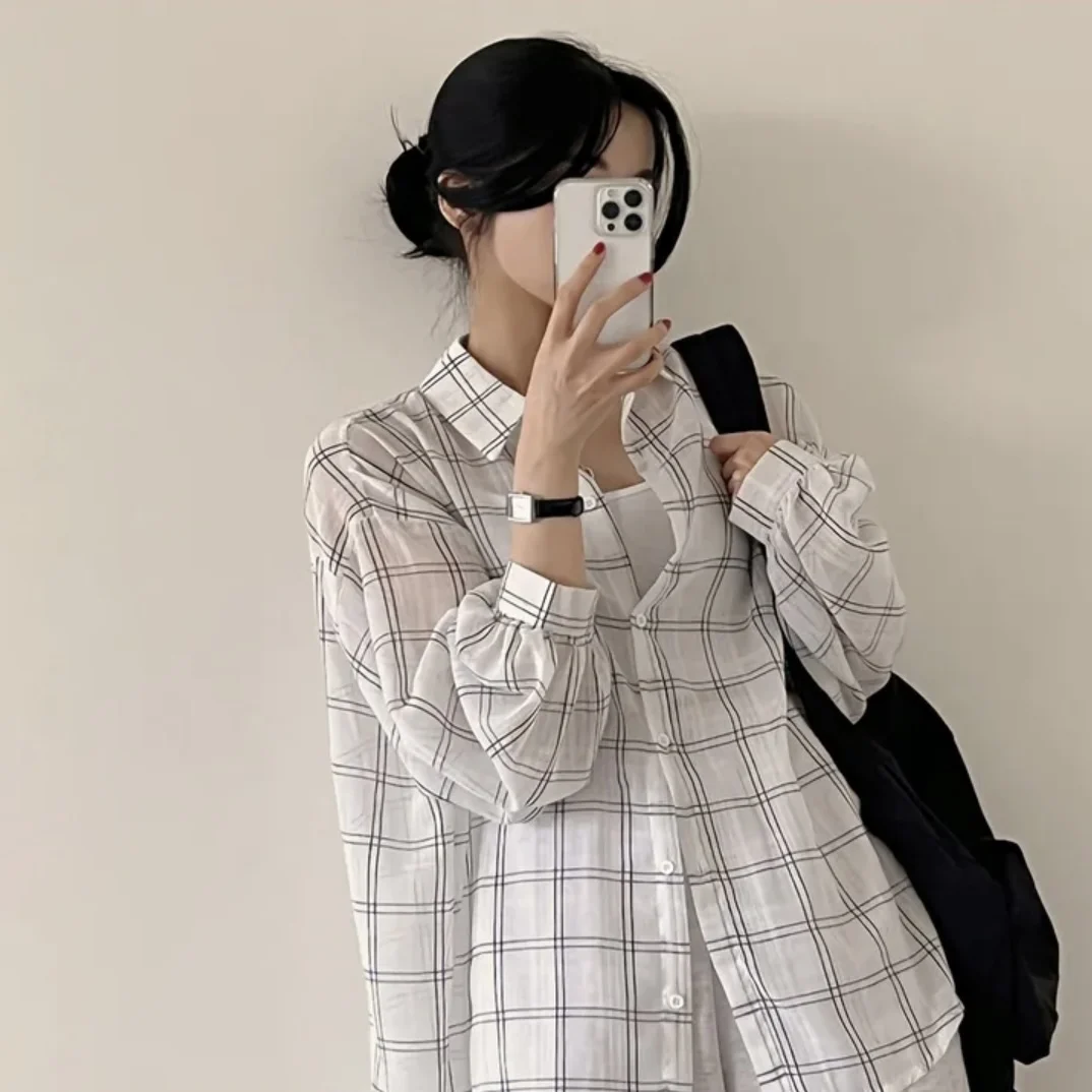 Estate da donna New Chic Allentato Lungo Sve Sottile Protezione solare irt Plaid Faionable mat Top Coreano Sle