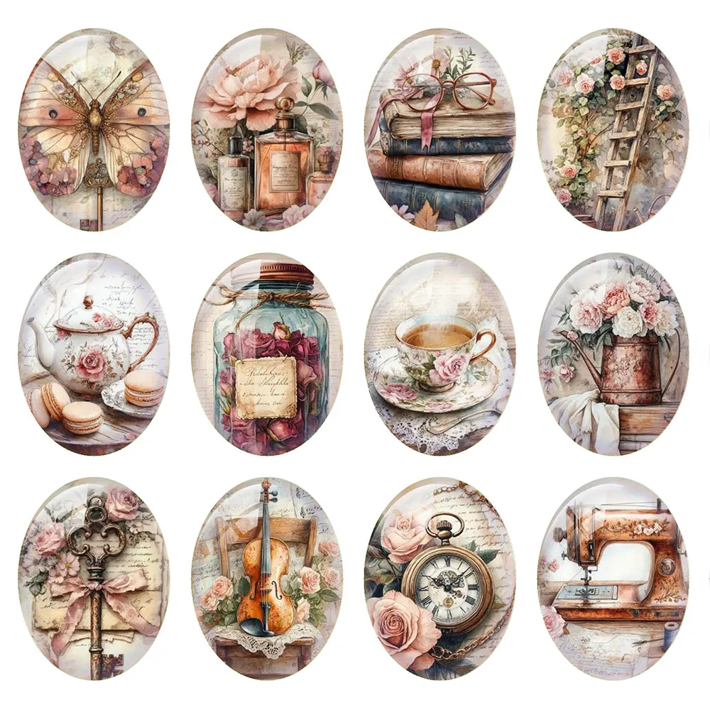 Random Mixed Round/Oval/Square Vintage Antique Rose Flower Photo Glass Cabochon Flatback Demo Cameo For Diy Jewelry Making